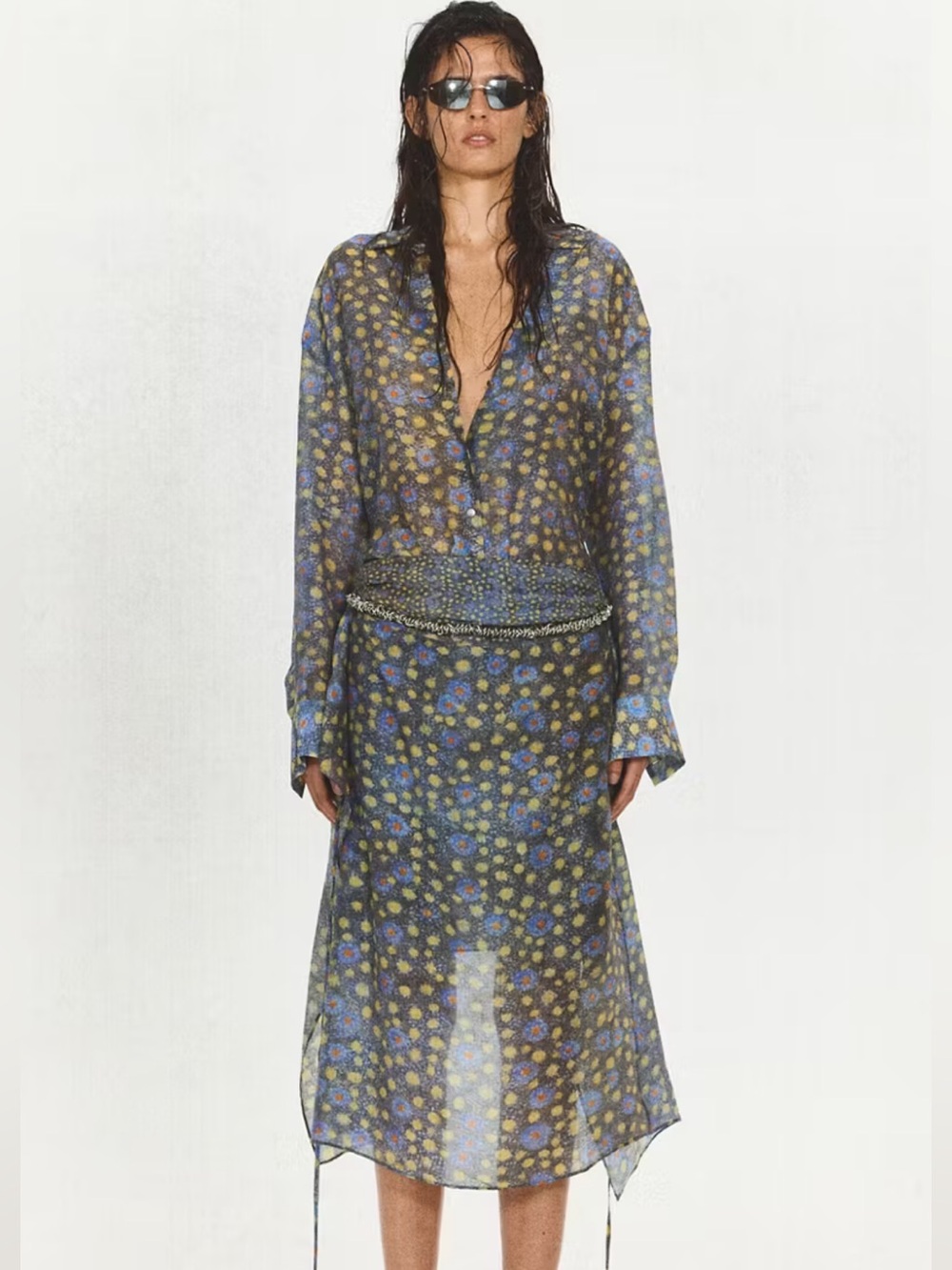Eckhaus Latta x Mango Semi Sheer Printed Shirt and Overlay Skirt - Size Small